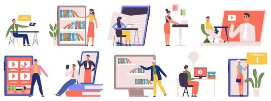 E-learning, online study, webinar, e-library and mobile courses. Home education and online training concept illustration set. Remote university education vector