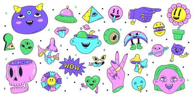 Psychedelic neon retro stickers, crazy abstract hippy symbols. Retro abstract stickers and hallucination elements illustration set. Retro surreal art badges vector