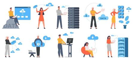 Cloud engineering, data storage, clould service server. Data cloud server, network hosting online services illustration set. Cloud hardware technology vector