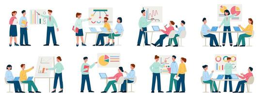 Business training courses, teamwork presentation, office study process. Studying, business coaching and training illustration set. Teamwork, brainstorming scenes vector