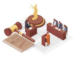 Law justice isometric concept, themis and judge hammer. Judge passes sentence illustration. Judge hammer and case concept vector