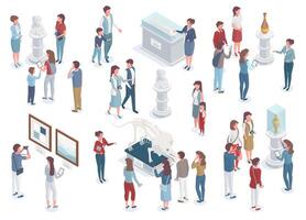 Isometric museum tour, exhibition visitors and curator characters. Guides show tourists ancient artifacts illustration set. Art objects and antique statue vector