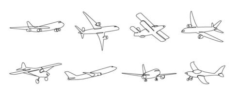 One line airplane. Travel aviation, private plane and airlines linear sketch illustration set vector