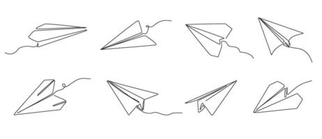 One line paper plane. Origami airplane, send message concept and flying paper airplanes illustration set vector
