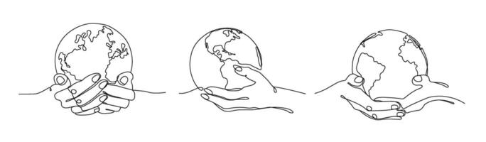 Hold world in hands. Carry earth, one line globe in hand and global support concept illustration set vector