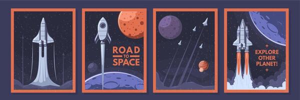 Space shuttle and rockets posters. Rocket launch, explore other planet and road to space illustration set vector