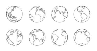 One line globe. Planet earth, global map sketch and hand drawn world globes illustration set vector