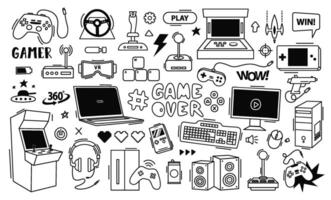 games doodle. Gaming controller, retro arcade console and game items line art illustration set vector