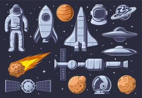 Vintage outer space. Cartoon planet, astronaut space suit and spacecraft illustration set vector