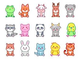 Sitting little animals. Kawaii zoo characters, cute animal with happy smile set vector