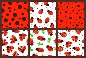 Ladybug patterns. Red dots texture, garden bugs and seamless ladybugs illustration set vector