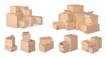 Realistic box stack. Stacked cardboard boxes, parcel pile and realistic 3d box set vector