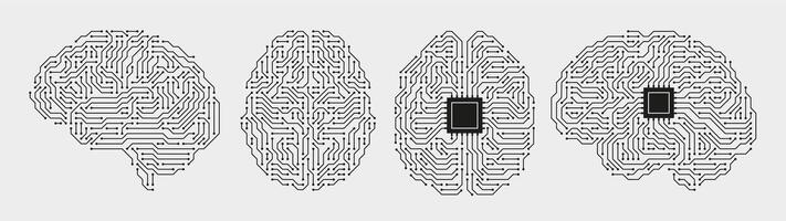 Circuit board brains. Artificial intelligence microchip, AI chip and digital brain processor illustration set vector