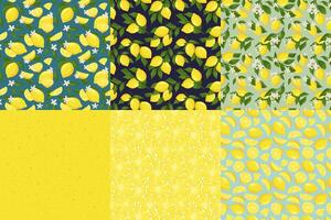 Lemon texture pattern. Lemons with blossom flowers, fresh yellow fruits and summer lemonade seamless texture set vector
