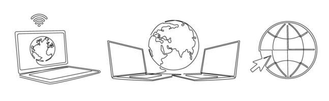 World with connected computers. One line laptop with worldwide intertet, globe access computers and globe connection concept Illustration set vector