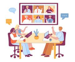 Office and remote teams meeting. Foreign business partners online conference, virtual team and workplace call illustration vector