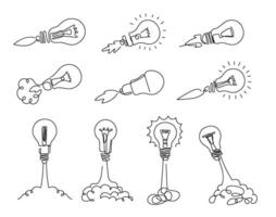 One line lamp rocket. Idea launch, bulb rockets and start smart idea concept illustration set vector