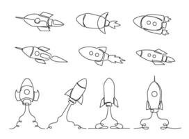 One line rocket. Space ship launch, simple rockets flying into universe and spacecraft sketch illustration set vector