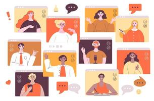 conference meeting. Remote team virtual discussion via chat, smiling man and women work remotely from home. Web communication illustration vector