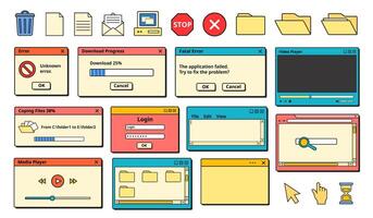 Nostalgic 90s Ui. Retro error messages, old computer icons and app windows set vector