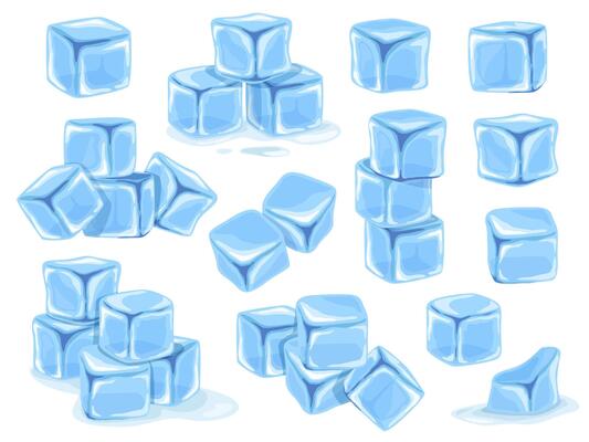 Cartoon ice cubes. Blue freezed water, iced water and melting ice cube set
