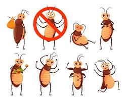 Cockroach mascot. Cartoon roach character, insect in prohibition stop sign and pests beetle illustration set vector