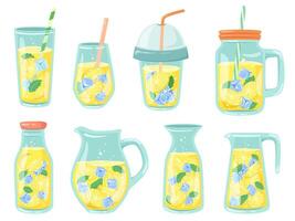 Cold lemonade. Fresh drinks, homemade lemonade in bottle, jug and glass with lemon slices and ice cubes illustration set vector