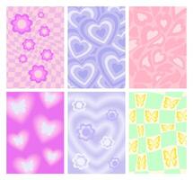 Y2k backgrounds. Groove backdrop with flowers, butterflies and hearts. Psychedelic wavy mesh grid and 90s wallpapers set vector