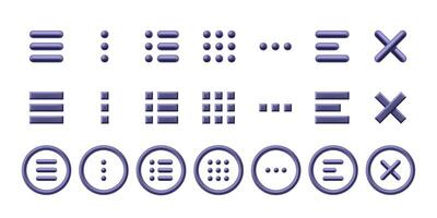 Burger menu icon. Minimal hamburger, grid and close X symbol. 3D stylised website UI icons set vector