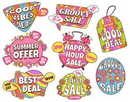 Groovy sale. Good vibes deal, retro 70s labels and offer badges set vector