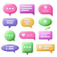 Speech 3d bubbles. Talk message buttons, text chat app elements and dialog messages shapes icons set vector