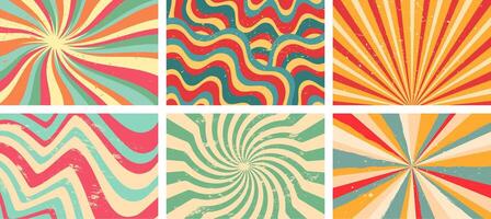 Groovy background. Starburst rays, colorful funky waves and vintage 60s hippie psychedelic wallpaper backdrop set vector