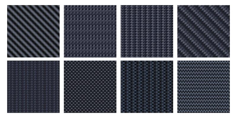 Carbon fiber texture. Interlaced fibers, carbonic woven and black aramid material seamless pattern set