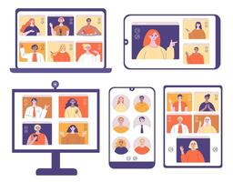 conference screens. Remote team meeting on computer monitor, laptop screen with online chat app and mobile conference call illustration set vector