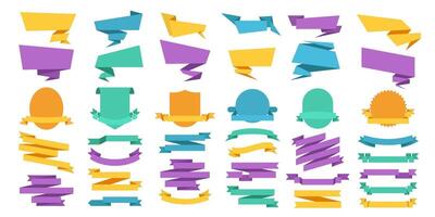 Ribbons label set. Origami message badge, retro ribbon banner frame and paper medal template set vector