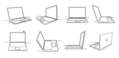 One line laptop. Notebook computer gadget with empty screen, keyboard and touchpad. Continues line open laptops Illustration set vector
