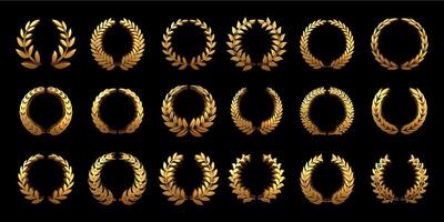 Golden 3D laurel wreath. Gold wheat ornamental borders, round heraldic frame and premium circle branch with leaves set vector