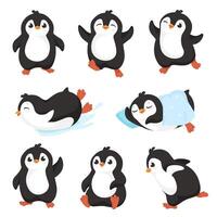 Cute cartoon penguins. Little penguin character with happy smile, aquatic flightless bird mascot set vector