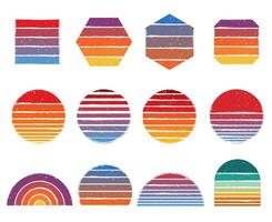Retro sunsets shapes. Vintage 90s lines, retro stripe grunge gradient backgrounds set vector