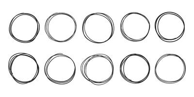 Hand drawn circles. Round doodle frames, sketch line circle and circular scribble ring set vector