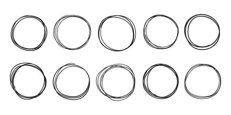Hand drawn circles. Round doodle frames, sketch line circle and circular scribble ring set