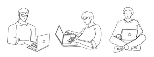 Male with laptop. Freelance remote worker character, man working with laptop computer and typing on keyboard. Continuous line art illustration set vector