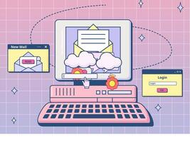 Retro ui mail. Email mailbox with envelope on 90s computer screen, internet nostalgia illustration vector