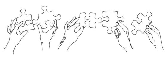 Puzzle pieces in peoples hands. Continuous line art of solution selection, jigsaw or problem solving and teamwork illustration set vector