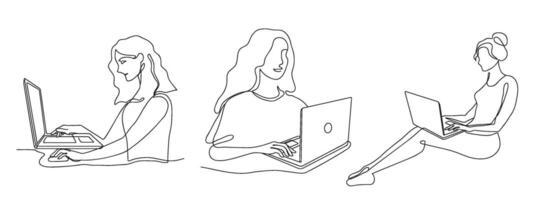 Female with laptop. Continuous line art businesswoman working with notebook computer, woman freelancer character and online work illustration set vector