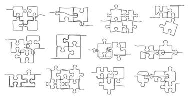 One line puzzle. Solving jigsaw, puzzle pieces connected together and teamwork concept illustration set vector