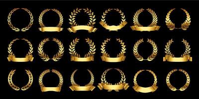 Gold laurel wreath. Roman trophy badge, golden branch emblem with leaves and ribbon, elegant laurels circle border set vector