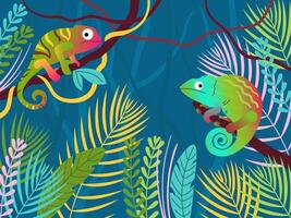 Chameleon forest. Fantasy tropical jungle forest with color lizards, reptile animals on branch illustration vector