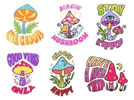 Psychedelic mushroom slogans. Stay groovy and trippy print, 70s good vibes and magic trip mushrooms posters set vector
