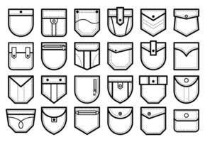 Patch pocket. Shirt and pants clothes pockets patches with buttons and zip lines. Isolated white set vector